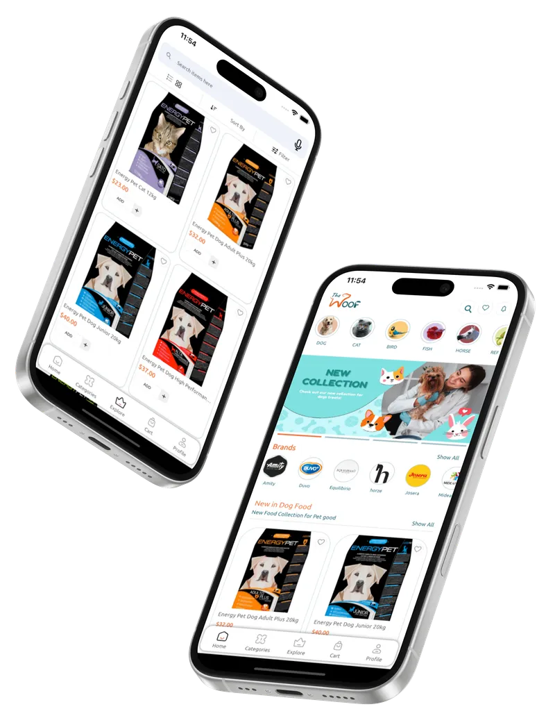 The Woof mobile app interface showing pet products
